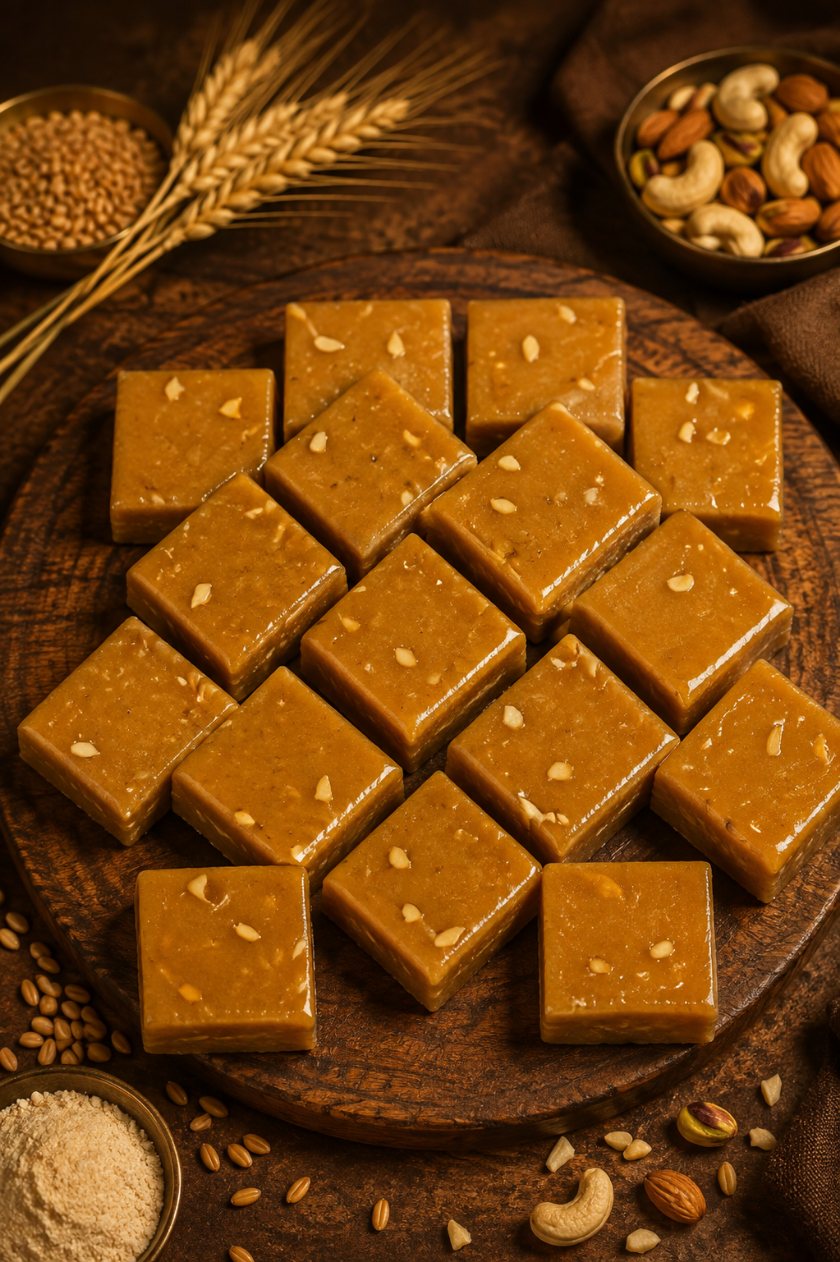 Mysore pak squares laid out on a wooden board with cashews and wheat